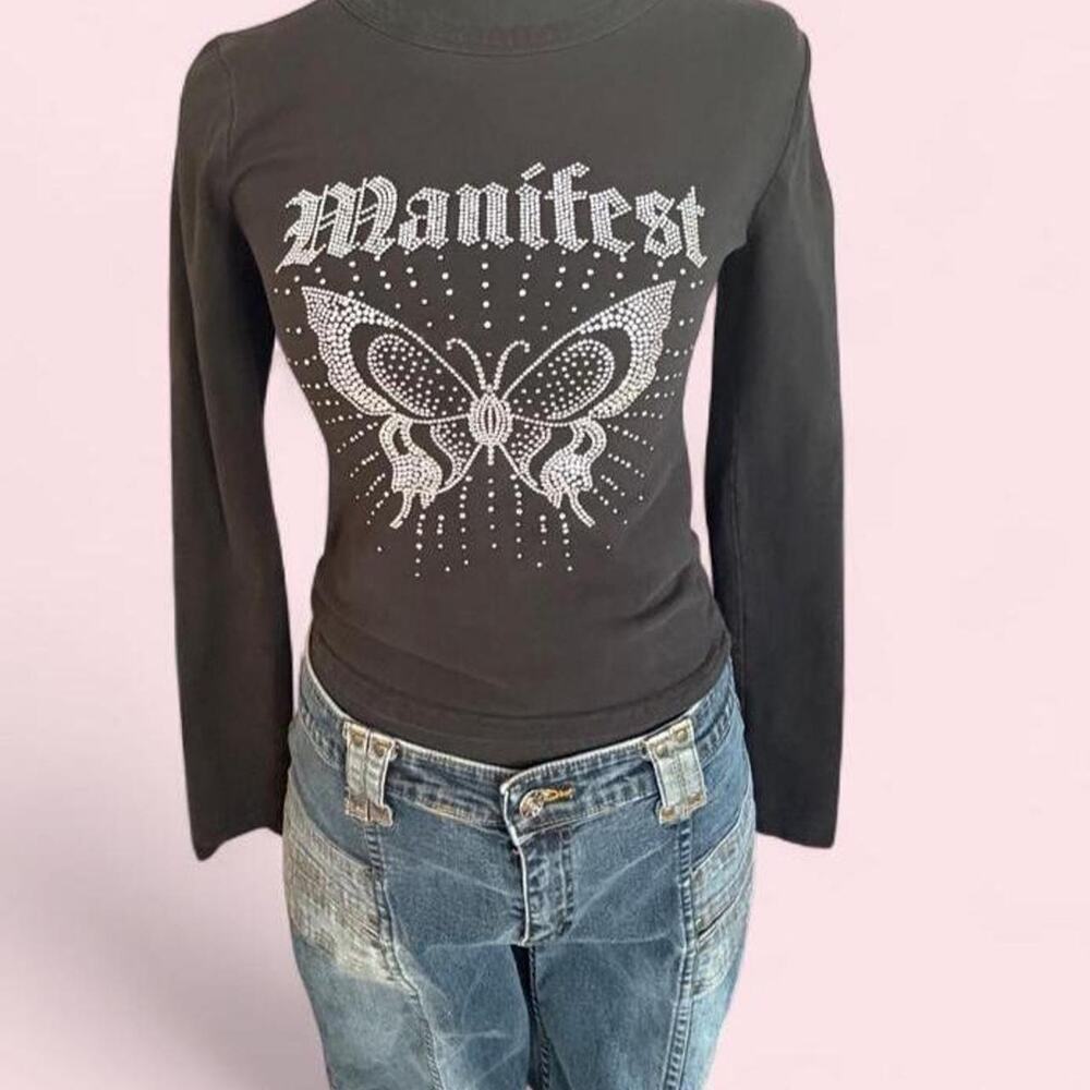 Charlotte russe size medium black long sleeve manifest butterfly fairycore y2k